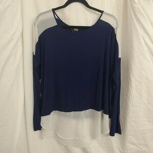 A.N.A Top Womens X-Large Navy Knit Long Sleeve White Chiffon Accent Pullover